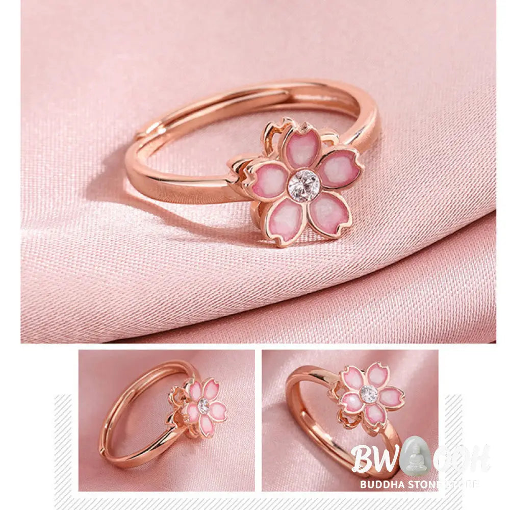 Buddha Stones 925 Sterling Silver Cherry Blossom Blessing Chain Bracelet Rotatable Ring - BWOOOH - Bracelet