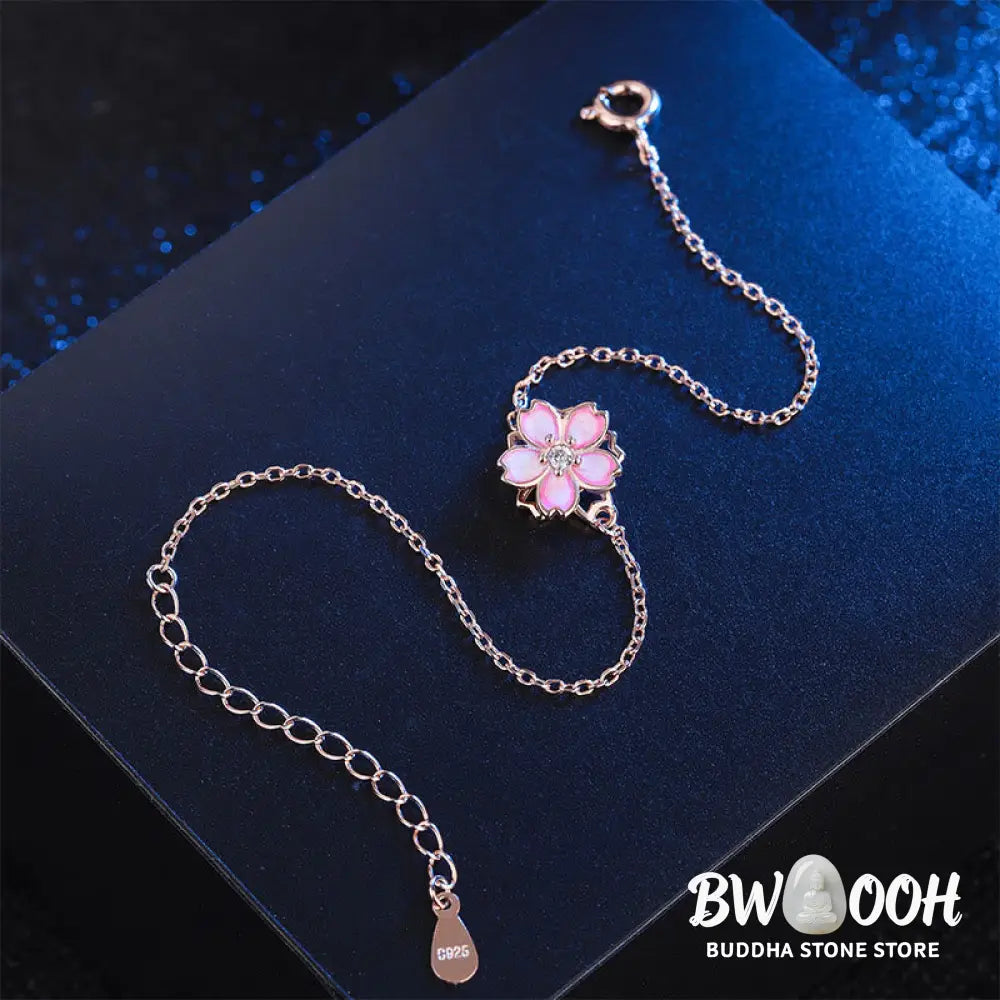 Buddha Stones 925 Sterling Silver Cherry Blossom Blessing Chain Bracelet Rotatable Ring - BWOOOH - Bracelet