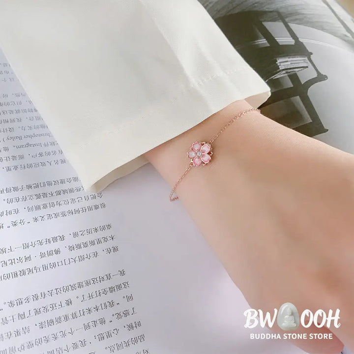 Buddha Stones 925 Sterling Silver Cherry Blossom Blessing Chain Bracelet Rotatable Ring - BWOOOH - Bracelet