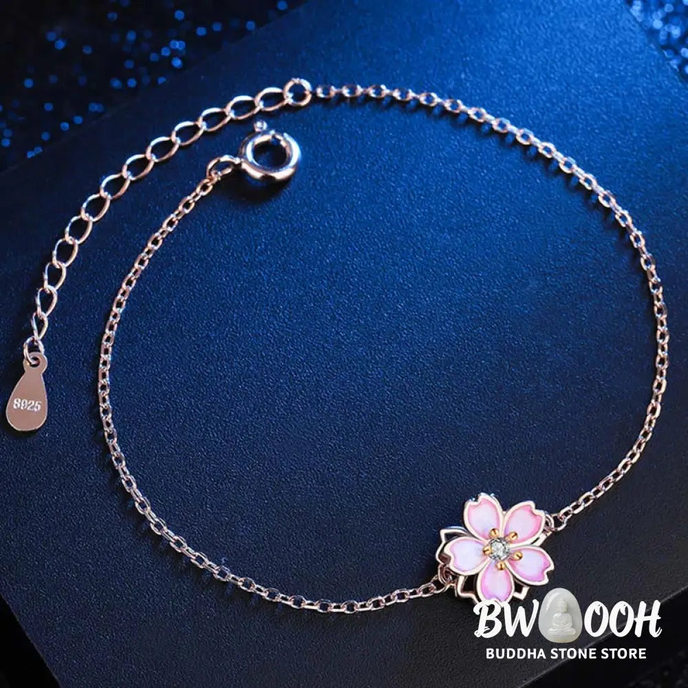 Buddha Stones 925 Sterling Silver Cherry Blossom Blessing Chain Bracelet Rotatable Ring - BWOOOH - Bracelet