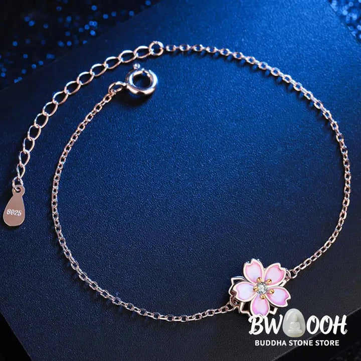 Buddha Stones 925 Sterling Silver Cherry Blossom Blessing Chain Bracelet Rotatable Ring - BWOOOH - Bracelet