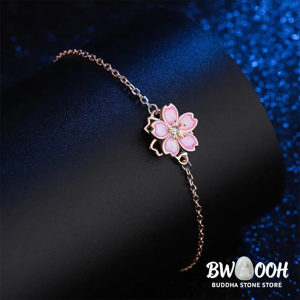 Buddha Stones 925 Sterling Silver Cherry Blossom Blessing Chain Bracelet Rotatable Ring - BWOOOH - Bracelet