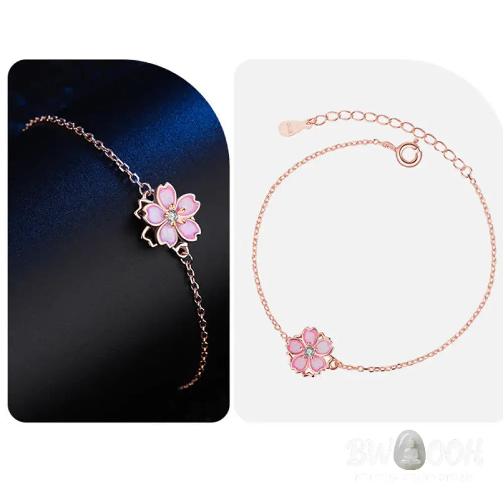 Buddha Stones 925 Sterling Silver Cherry Blossom Blessing Chain Bracelet Rotatable Ring - BWOOOH - Bracelet
