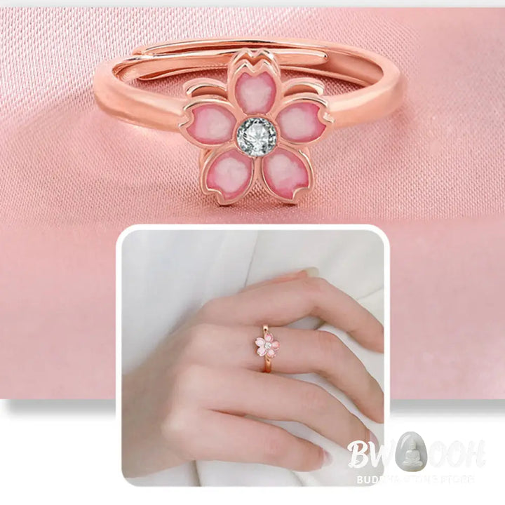 Buddha Stones 925 Sterling Silver Cherry Blossom Blessing Chain Bracelet Rotatable Ring - BWOOOH - Bracelet