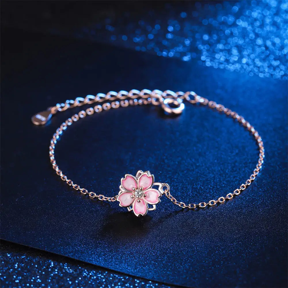 BWOOOH 925 Sterling Silver Cherry Blossom Blessing Chain Bracelet Rotatable Ring - BWOOOH - Bracelet(Wrist