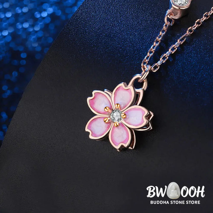 Buddha Stones 925 Sterling Silver Cherry Blossom Flower Rotatable Protection Necklace Pendant - BWOOOH - Rose Gold