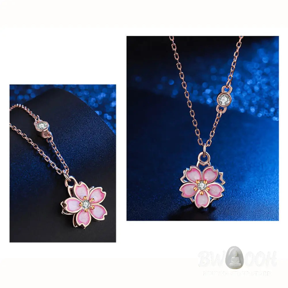 Buddha Stones 925 Sterling Silver Cherry Blossom Flower Rotatable Protection Necklace Pendant - BWOOOH - Rose Gold
