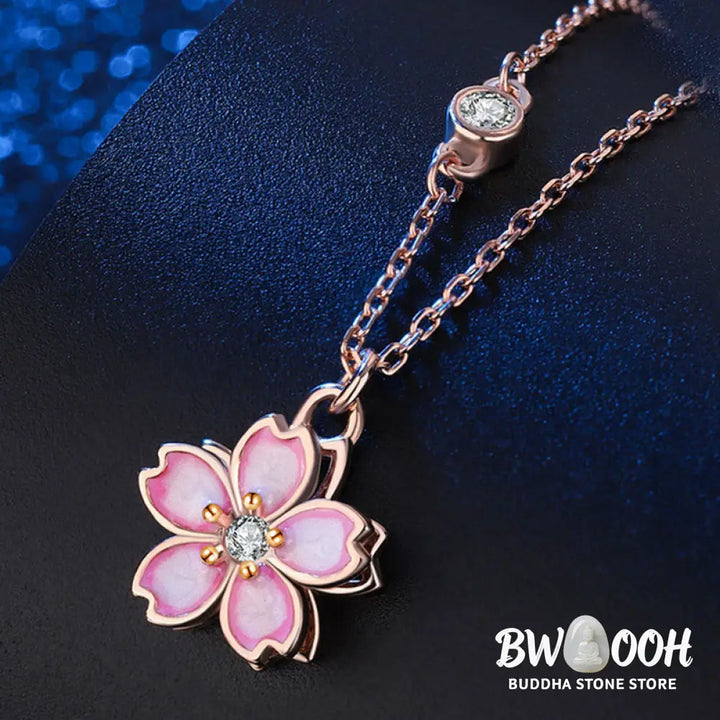 Buddha Stones 925 Sterling Silver Cherry Blossom Flower Rotatable Protection Necklace Pendant - BWOOOH - Rose Gold