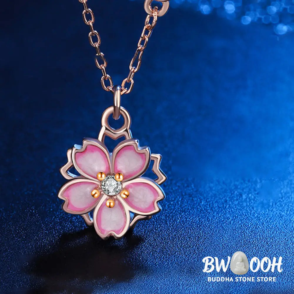 Buddha Stones 925 Sterling Silver Cherry Blossom Flower Rotatable Protection Necklace Pendant - BWOOOH - Rose Gold