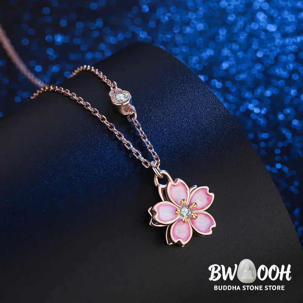 Buddha Stones 925 Sterling Silver Cherry Blossom Flower Rotatable Protection Necklace Pendant - BWOOOH - Rose Gold