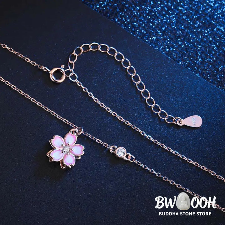 Buddha Stones 925 Sterling Silver Cherry Blossom Flower Rotatable Protection Necklace Pendant - BWOOOH - Rose Gold