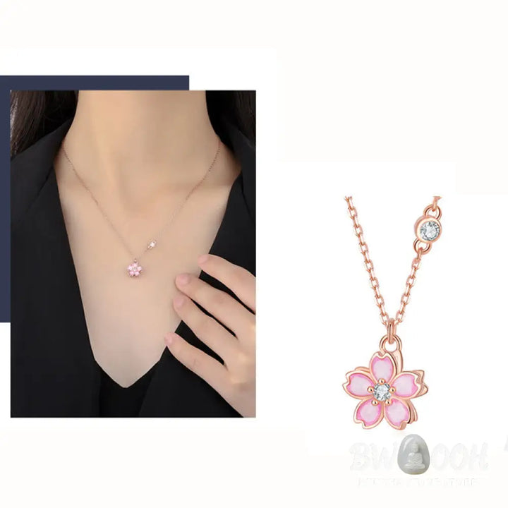 Buddha Stones 925 Sterling Silver Cherry Blossom Flower Rotatable Protection Necklace Pendant - BWOOOH - Rose Gold