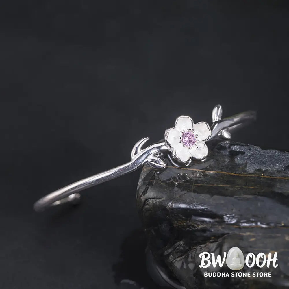 Buddha Stones 925 Sterling Silver Cherry Blossom Luck Bracelet Bangle - BWOOOH - 925 Sterling Silver Cherry Blossom