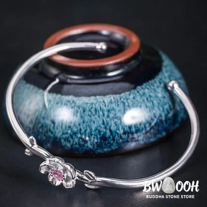Buddha Stones 925 Sterling Silver Cherry Blossom Luck Bracelet Bangle - BWOOOH - 925 Sterling Silver Cherry Blossom