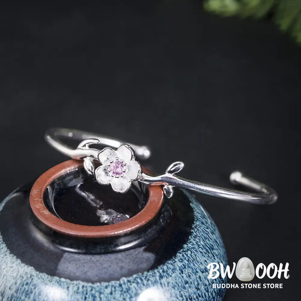 Buddha Stones 925 Sterling Silver Cherry Blossom Luck Bracelet Bangle - BWOOOH - 925 Sterling Silver Cherry Blossom