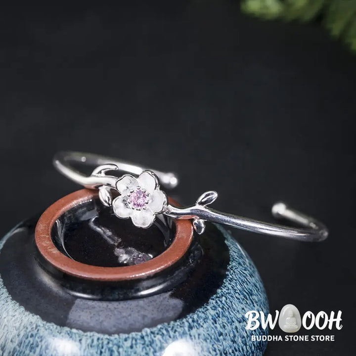 Buddha Stones 925 Sterling Silver Cherry Blossom Luck Bracelet Bangle - BWOOOH - 925 Sterling Silver Cherry Blossom
