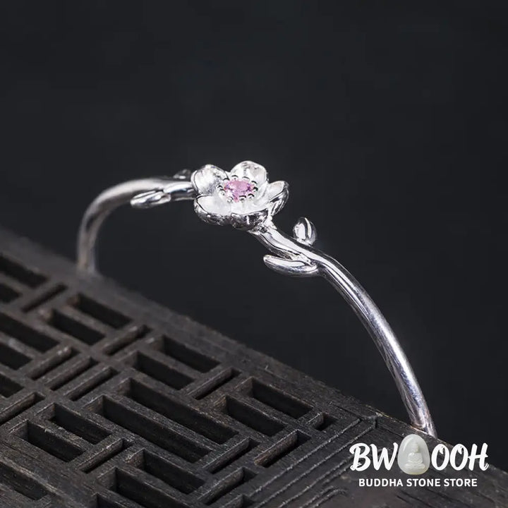 Buddha Stones 925 Sterling Silver Cherry Blossom Luck Bracelet Bangle - BWOOOH - 925 Sterling Silver Cherry Blossom