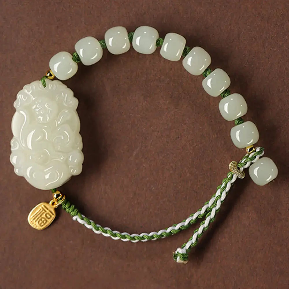 Buddha Stones 925 Sterling Silver Chinese Zodiac Hetian Jade Happiness Luck String Bracelet - BWOOOH - Monkey - Bracelet
