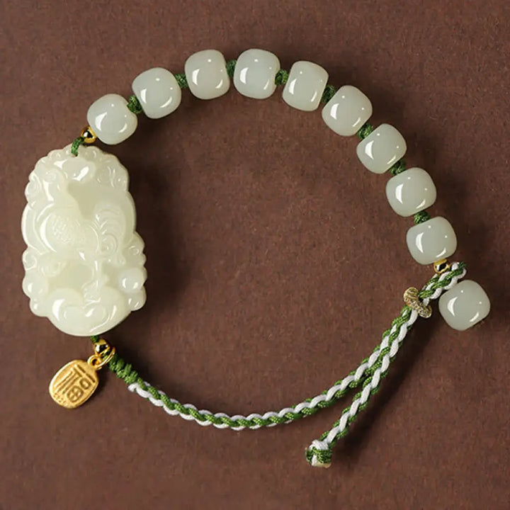Buddha Stones 925 Sterling Silver Chinese Zodiac Hetian Jade Happiness Luck String Bracelet - BWOOOH - Rooster