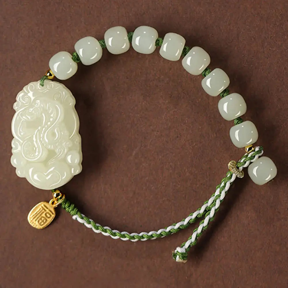 Buddha Stones 925 Sterling Silver Chinese Zodiac Hetian Jade Happiness Luck String Bracelet - BWOOOH - Snake - Bracelet