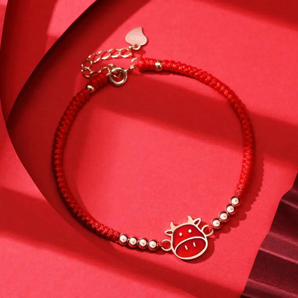 Buddha Stones 925 Sterling Silver Chinese Zodiac Luck Faith Discolor Red String Bracelet - BWOOOH - Ox(Wrist