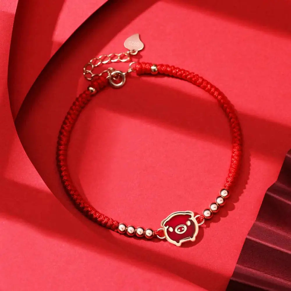Buddha Stones 925 Sterling Silver Chinese Zodiac Luck Faith Discolor Red String Bracelet - BWOOOH - Pig(Wrist