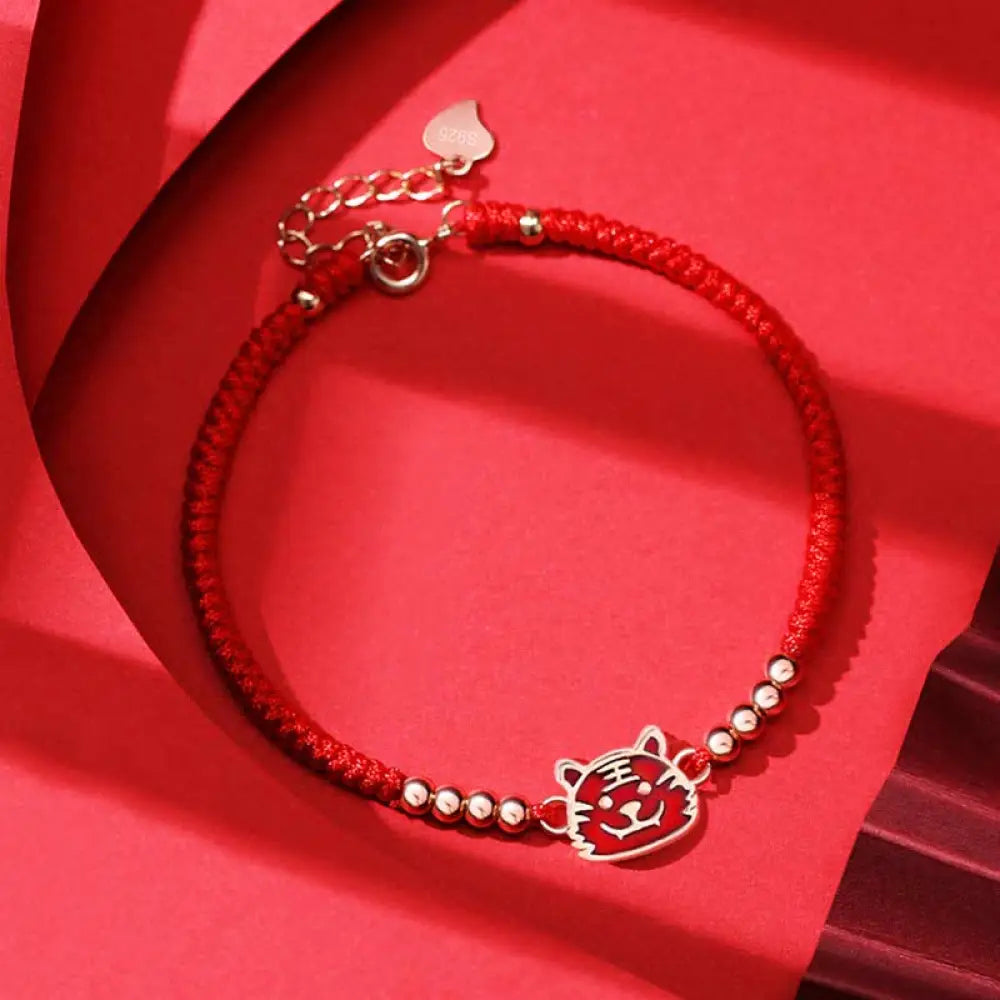 Buddha Stones 925 Sterling Silver Chinese Zodiac Luck Faith Discolor Red String Bracelet - BWOOOH - Tiger(Wrist