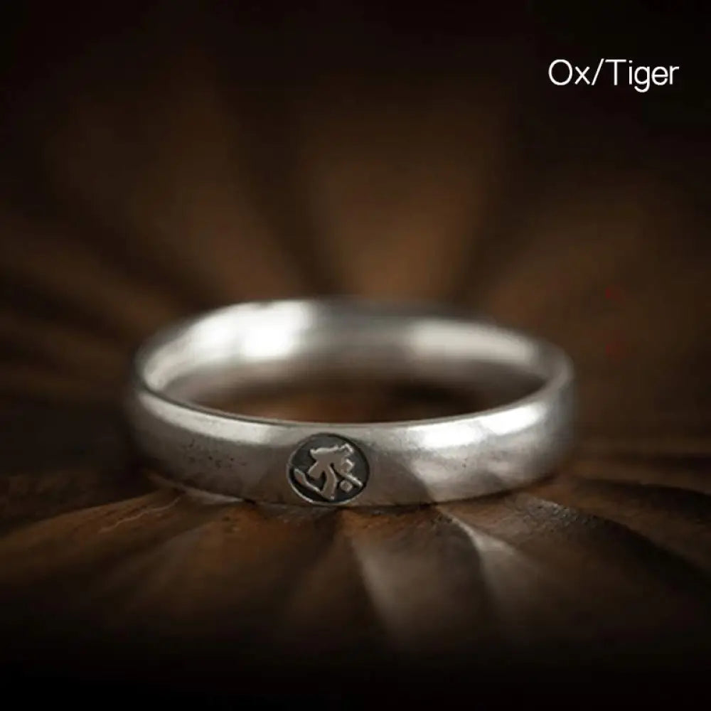 Buddha Stones 925 Sterling Silver Chinese Zodiac Natal Buddha Blessing Couple Ring - BWOOOH - Ox/Tiger / Men - Rings