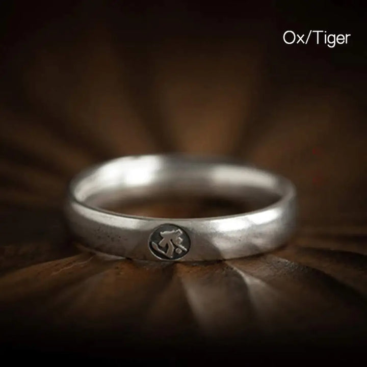 Buddha Stones 925 Sterling Silver Chinese Zodiac Natal Buddha Blessing Couple Ring - BWOOOH - Ox/Tiger / Men - Rings