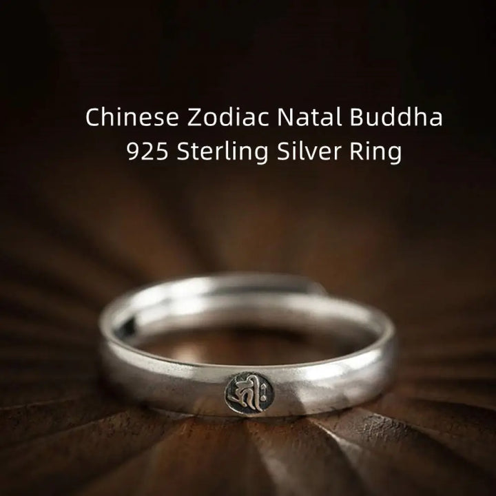 BWOOOH 925 Sterling Silver Chinese Zodiac Natal Buddha Blessing Couple Ring — Sterling Silver Tibetan bracelet for spiritu...