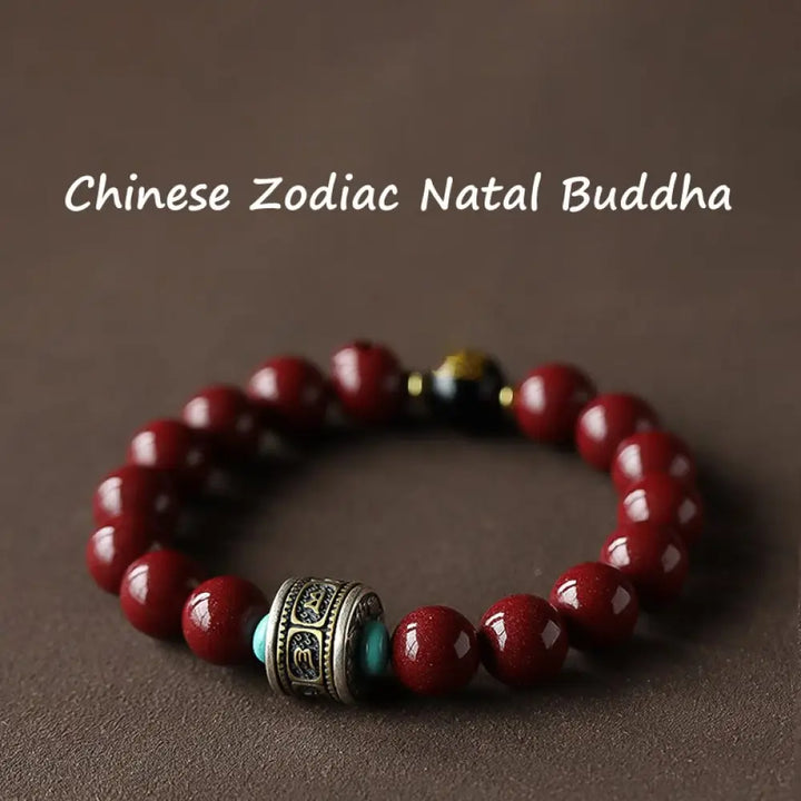 BWOOOH 925 Sterling Silver Chinese Zodiac Natal Buddha Cinnabar Om Mani Padme Hum Calm Bracelet