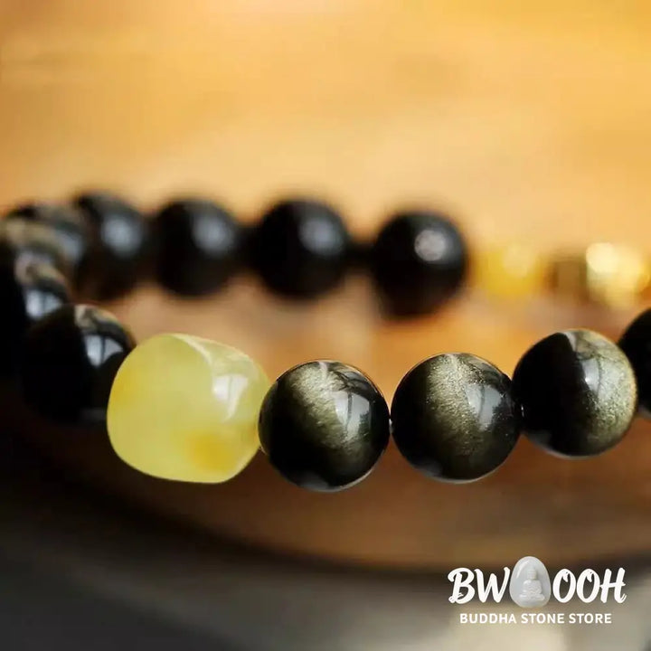 Buddha Stones 925 Sterling Silver Chinese Zodiac Natal Buddha Natural Gold Sheen Obsidian Amber Wealth Protection
