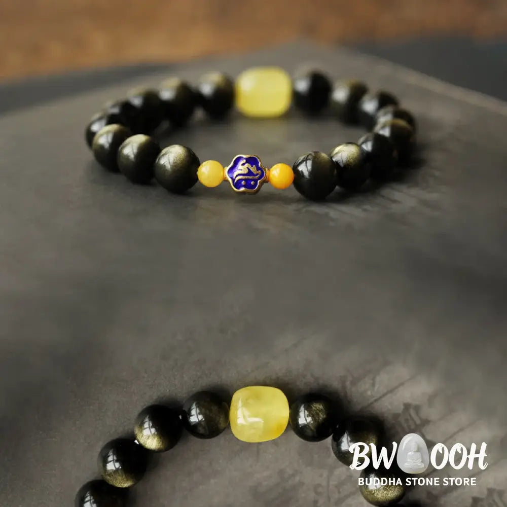 Buddha Stones 925 Sterling Silver Chinese Zodiac Natal Buddha Natural Gold Sheen Obsidian Amber Wealth Protection