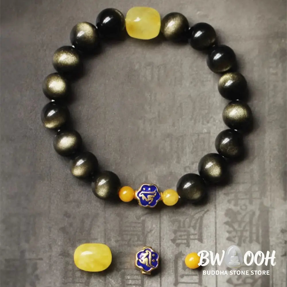 Buddha Stones 925 Sterling Silver Chinese Zodiac Natal Buddha Natural Gold Sheen Obsidian Amber Wealth Protection