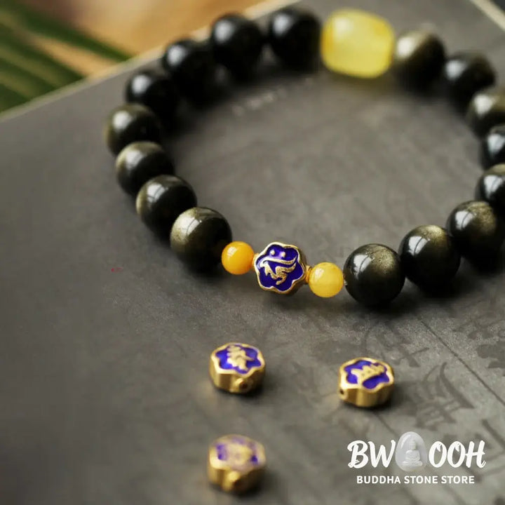 Buddha Stones 925 Sterling Silver Chinese Zodiac Natal Buddha Natural Gold Sheen Obsidian Amber Wealth Protection