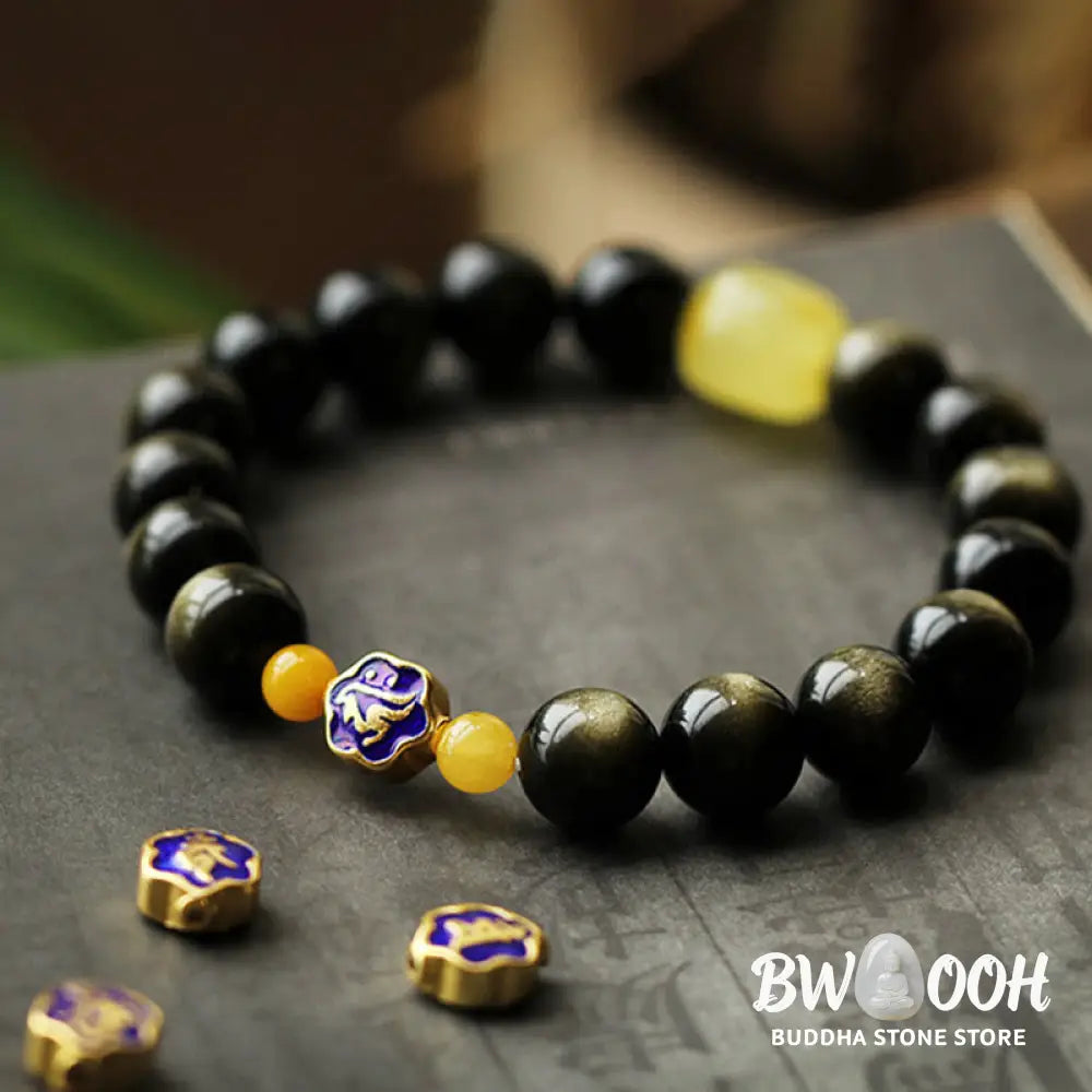 Buddha Stones 925 Sterling Silver Chinese Zodiac Natal Buddha Natural Gold Sheen Obsidian Amber Wealth Protection
