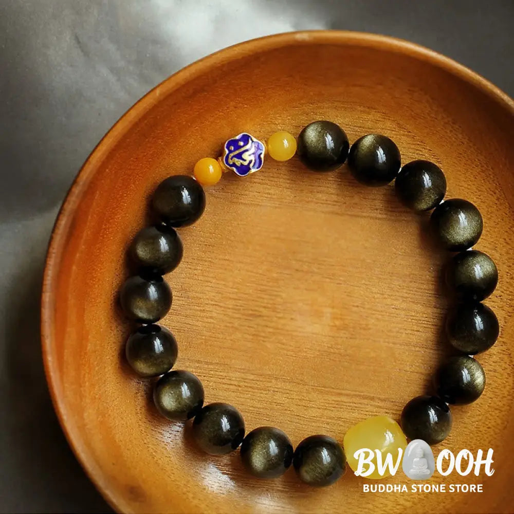Buddha Stones 925 Sterling Silver Chinese Zodiac Natal Buddha Natural Gold Sheen Obsidian Amber Wealth Protection