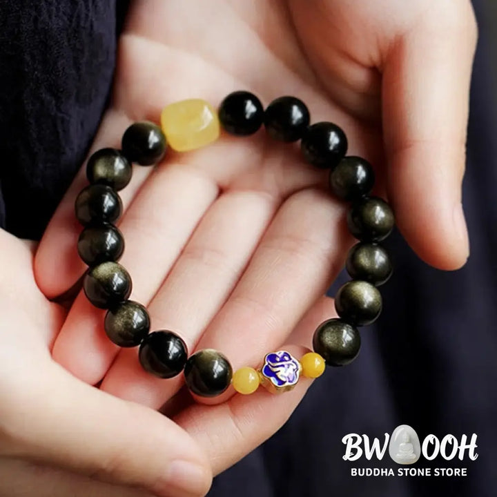 Buddha Stones 925 Sterling Silver Chinese Zodiac Natal Buddha Natural Gold Sheen Obsidian Amber Wealth Protection
