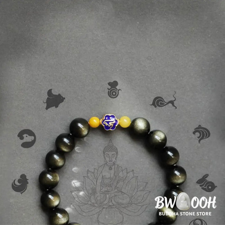 Buddha Stones 925 Sterling Silver Chinese Zodiac Natal Buddha Natural Gold Sheen Obsidian Amber Wealth Protection