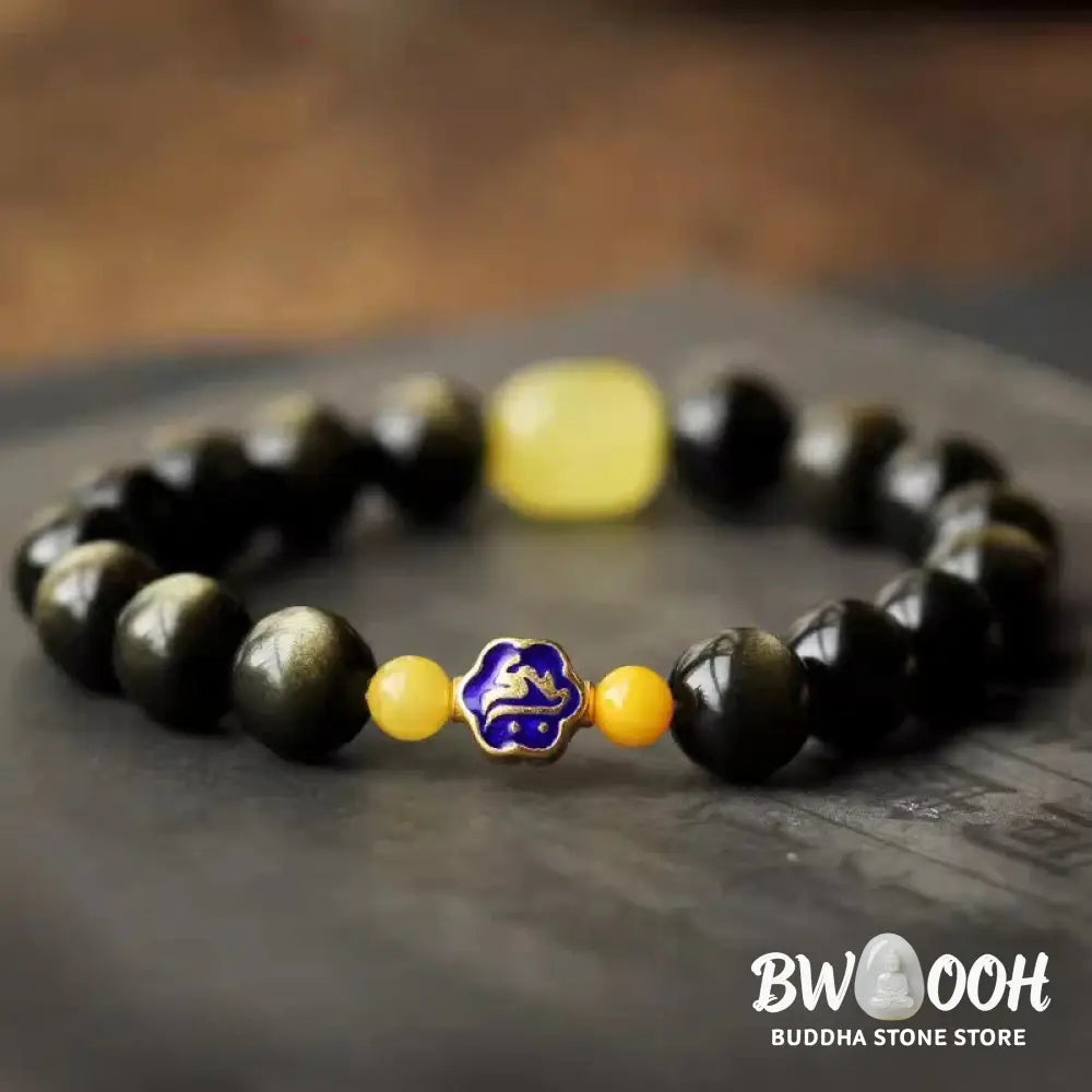 Buddha Stones 925 Sterling Silver Chinese Zodiac Natal Buddha Natural Gold Sheen Obsidian Amber Wealth Protection