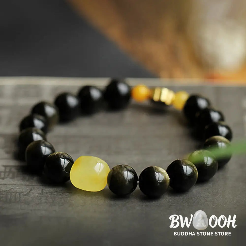 Buddha Stones 925 Sterling Silver Chinese Zodiac Natal Buddha Natural Gold Sheen Obsidian Amber Wealth Protection