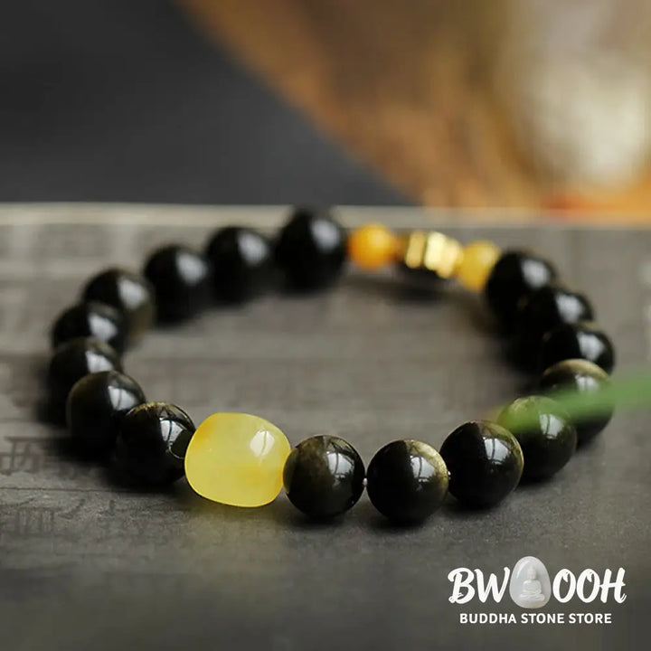 Buddha Stones 925 Sterling Silver Chinese Zodiac Natal Buddha Natural Gold Sheen Obsidian Amber Wealth Protection