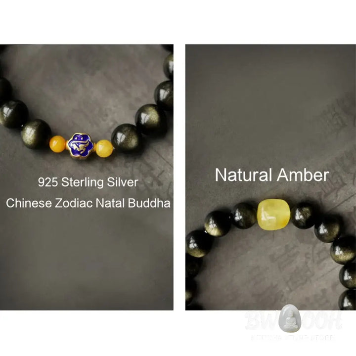Buddha Stones 925 Sterling Silver Chinese Zodiac Natal Buddha Natural Gold Sheen Obsidian Amber Wealth Protection