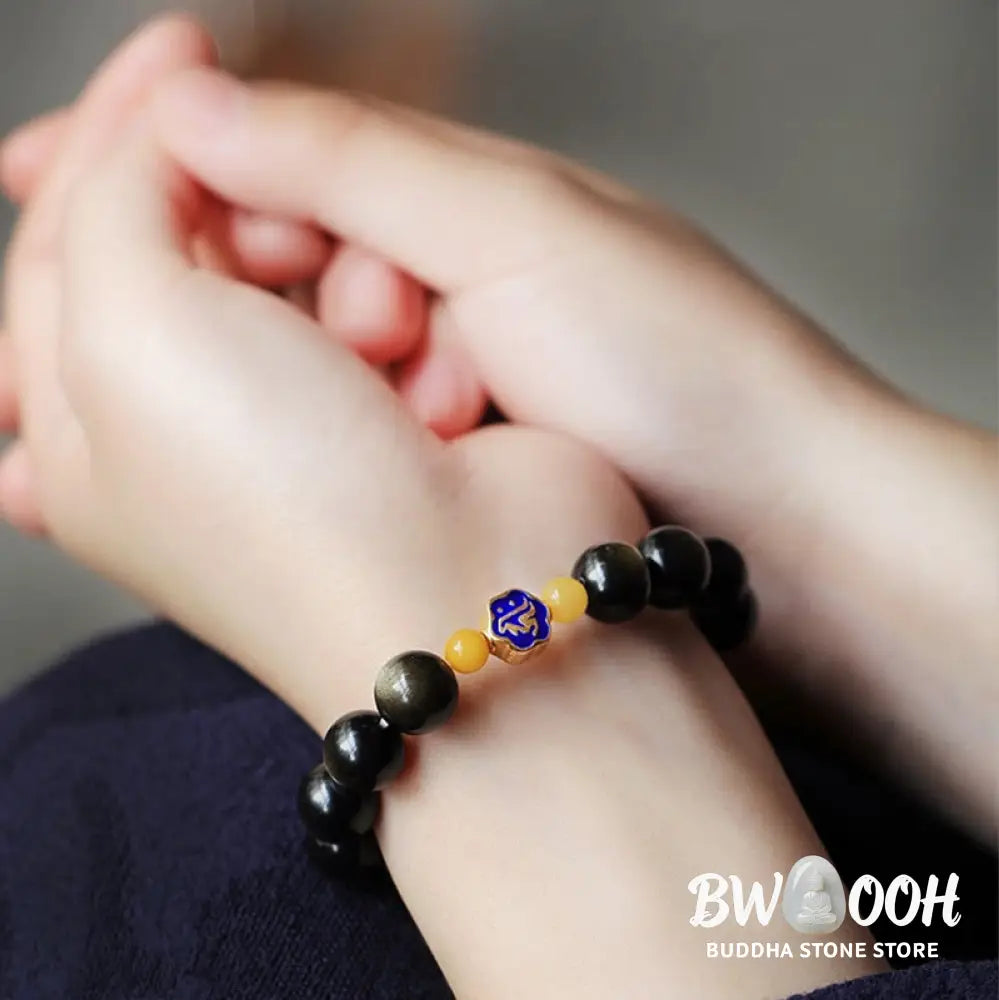 Buddha Stones 925 Sterling Silver Chinese Zodiac Natal Buddha Natural Gold Sheen Obsidian Amber Wealth Protection