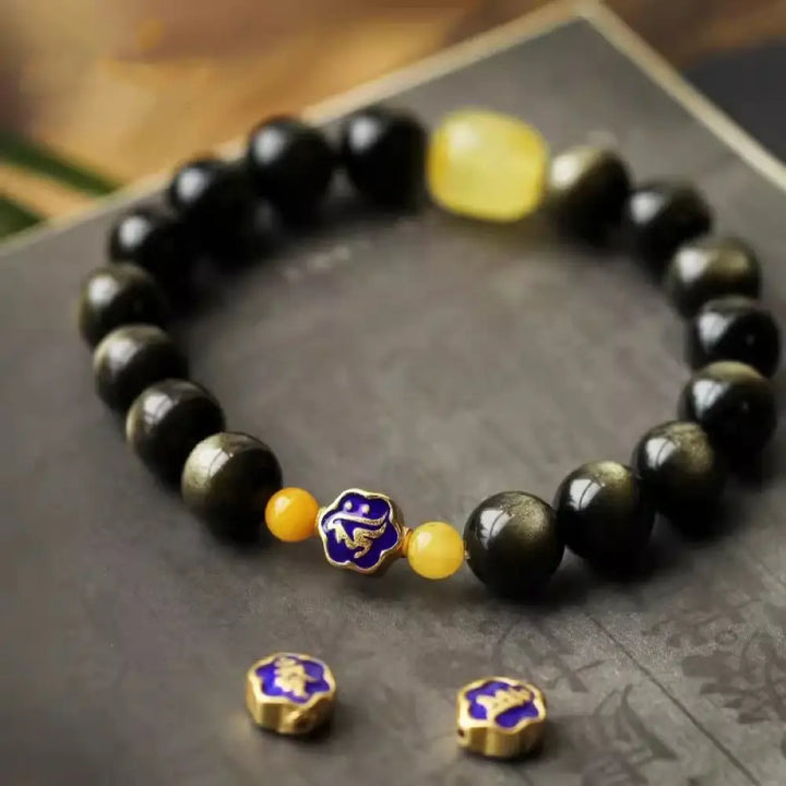 BWOOOH 925 Sterling Silver Chinese Zodiac Natal Buddha Natural Gold Sheen Obsidian Amber Wealth Protection