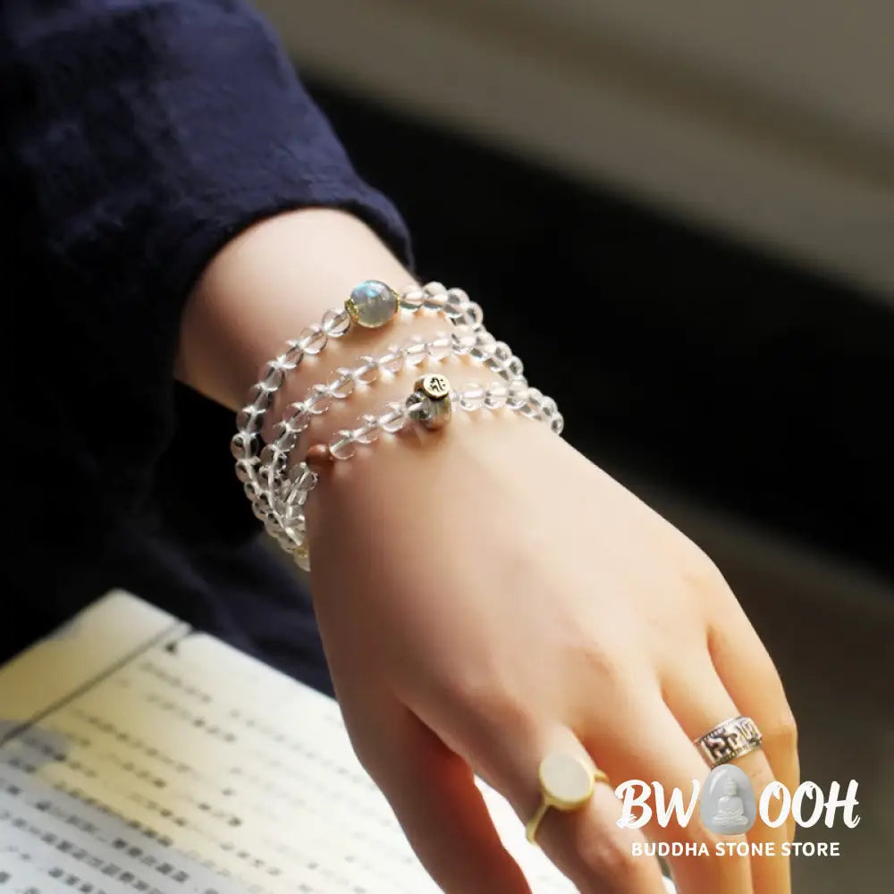 Buddha Stones 925 Sterling Silver Chinese Zodiac Natal Buddha White Crystal Meditation Triple Wrap Bracelet - BWOOOH