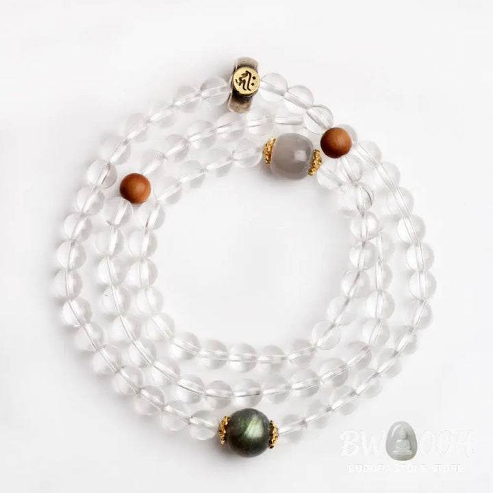 Buddha Stones 925 Sterling Silver Chinese Zodiac Natal Buddha White Crystal Meditation Triple Wrap Bracelet - BWOOOH