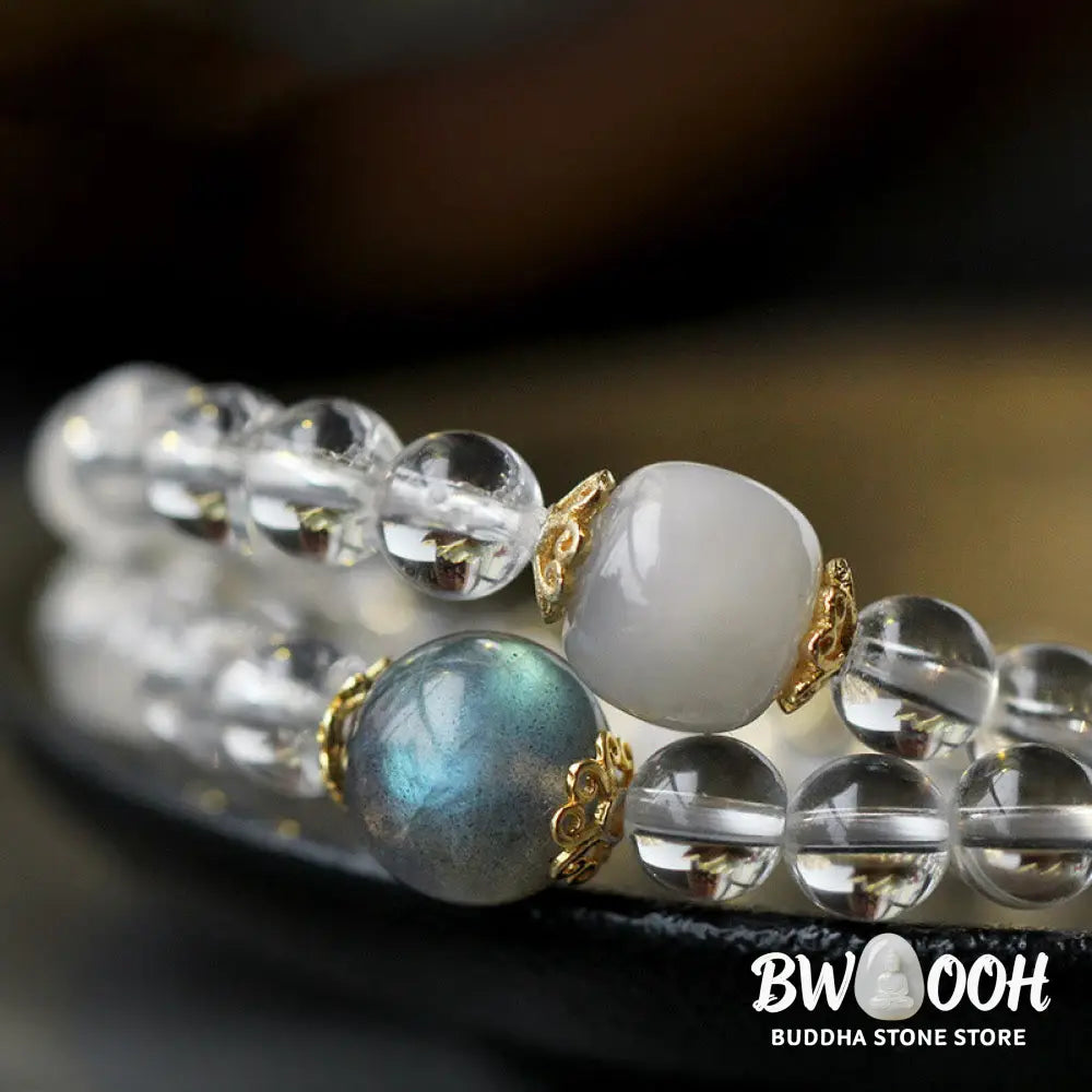 Buddha Stones 925 Sterling Silver Chinese Zodiac Natal Buddha White Crystal Meditation Triple Wrap Bracelet - BWOOOH