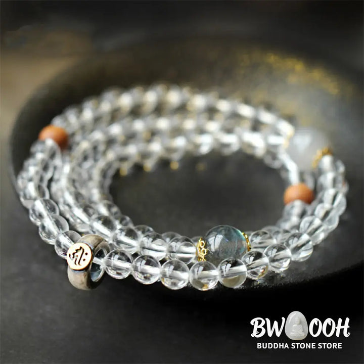 Buddha Stones 925 Sterling Silver Chinese Zodiac Natal Buddha White Crystal Meditation Triple Wrap Bracelet - BWOOOH