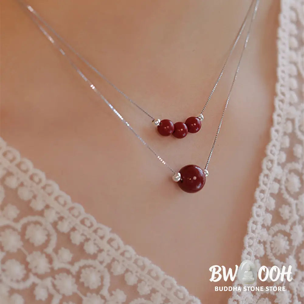 Buddha Stones 925 Sterling Silver Cinnabar Bead Calm Blessing Necklace Pendant - BWOOOH - Necklaces &amp; Pendants